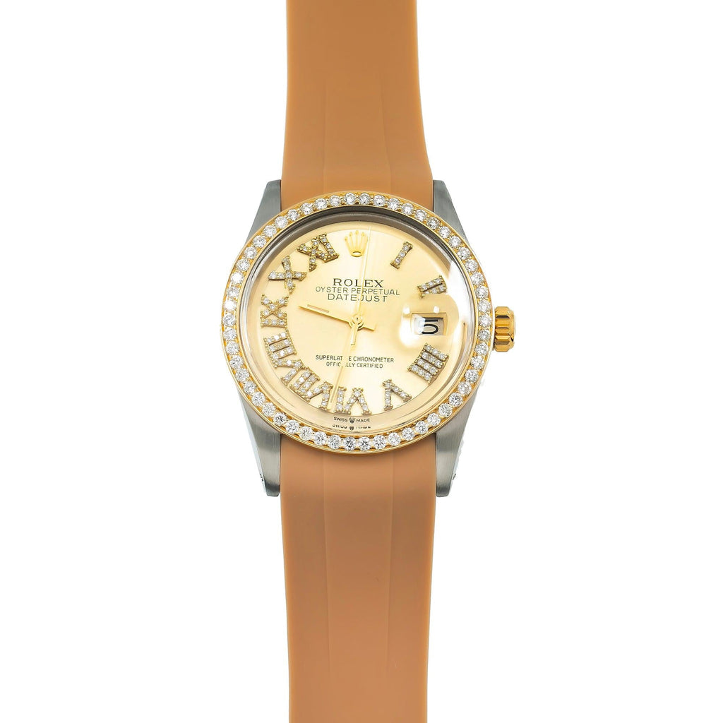 Pre-Owned Rolex Datejust 36MM 1601 Champagne Roman Diamond Dial Diamond Bezel Brown Rubber Strap
