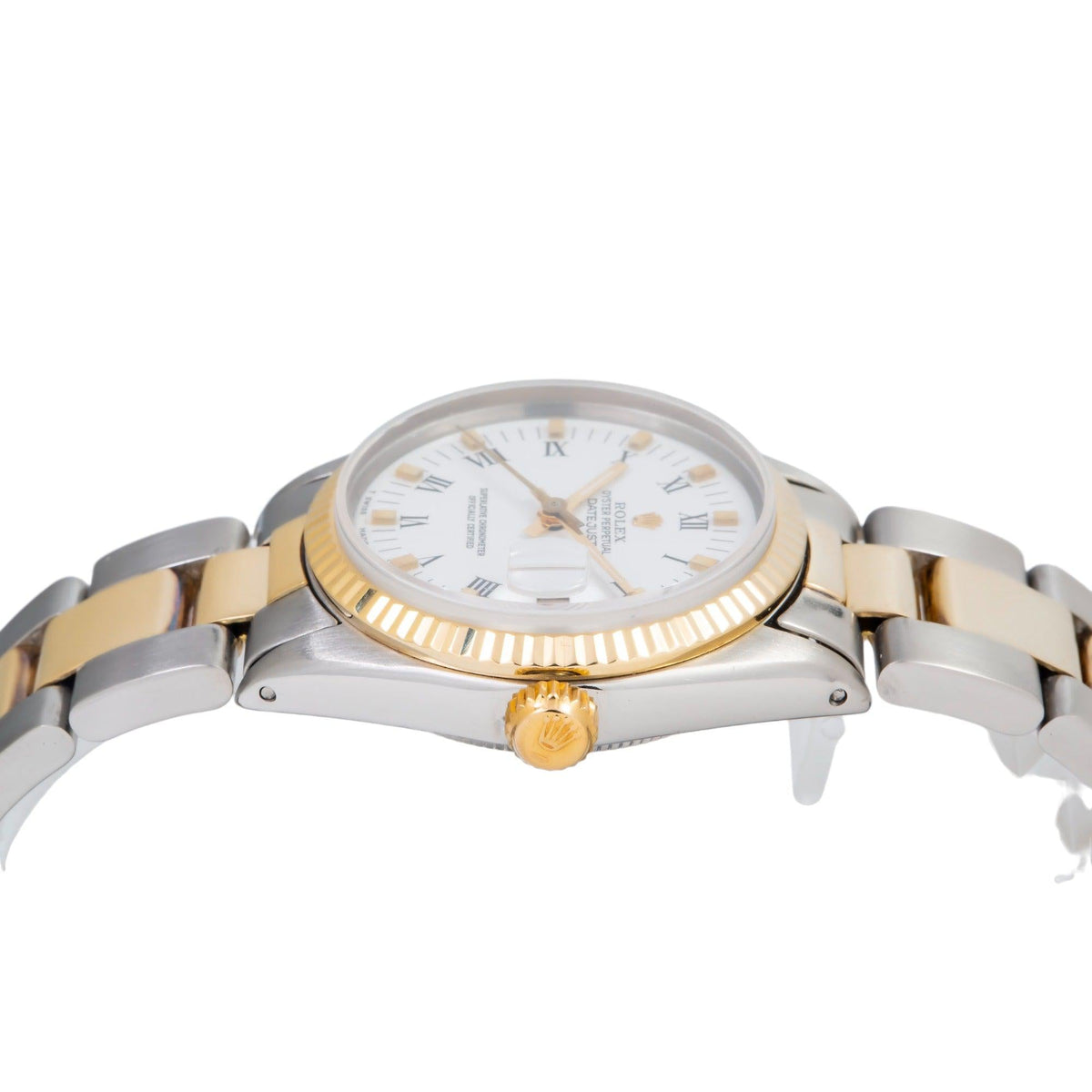 Pre-Owned Rolex Datejust 31MM 6827 White Roman Dial Fluted Bezel Two Tone Yellow Gold Oyster Bracelet