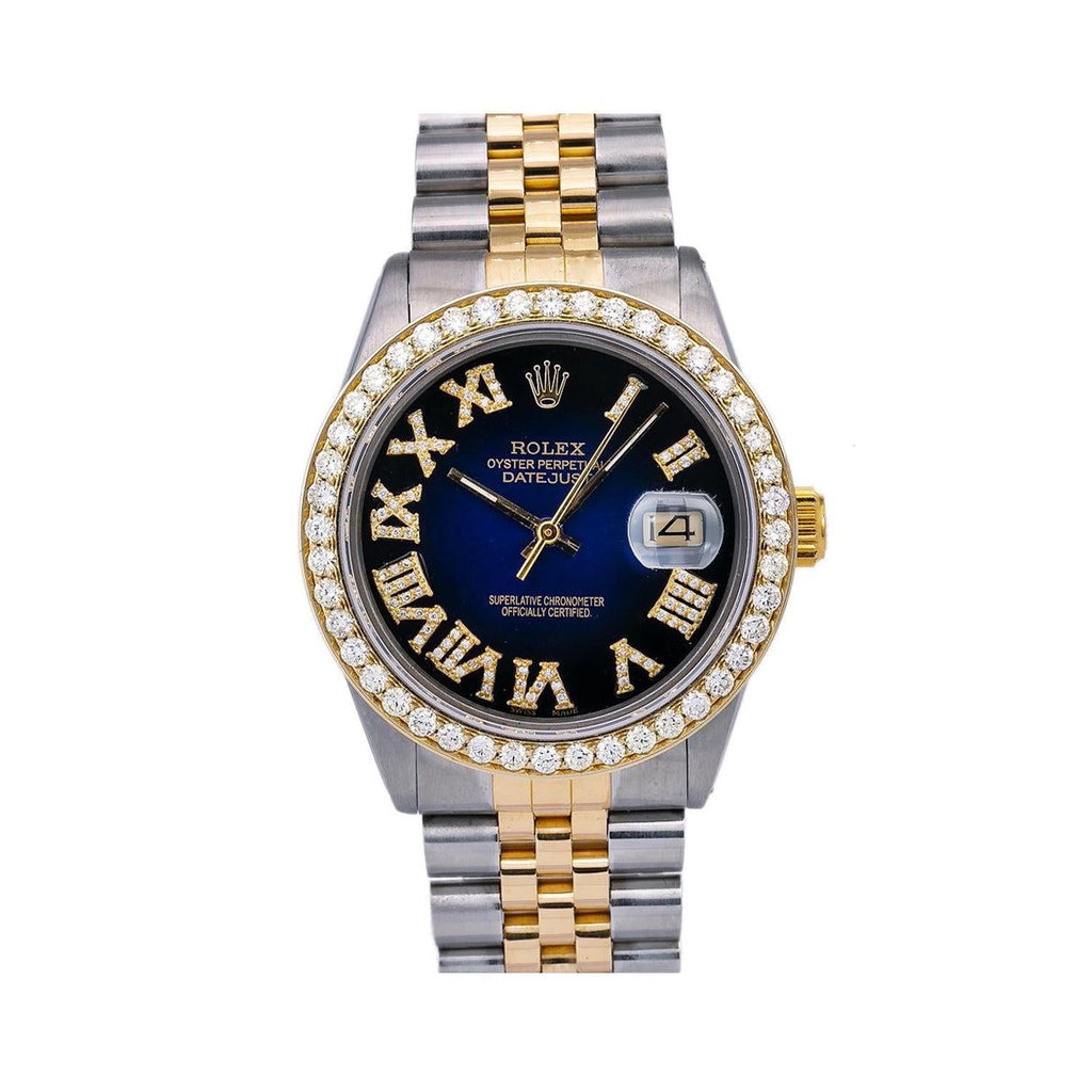 Pre-Owned Rolex Datejust 36MM 16233 Blue Roman Diamond Dial Diamond Bezel Two Tone Yellow Gold Jubilee Bracelet 1.35ct