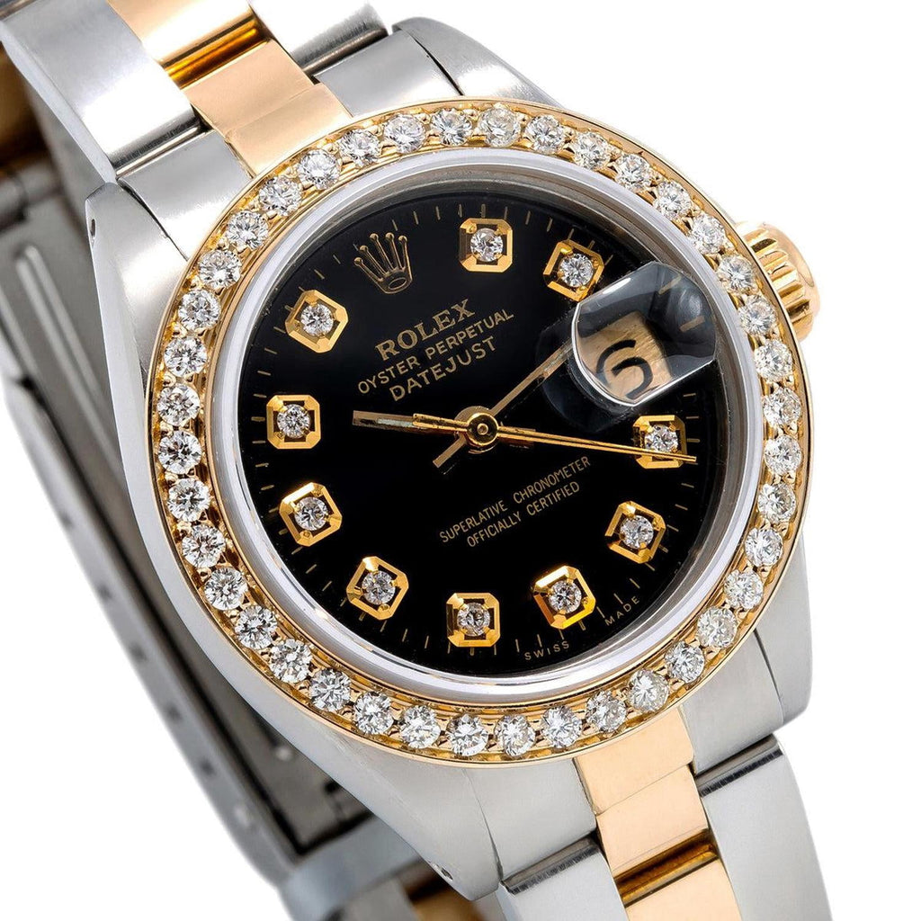 Pre-Owned Rolex Datejust 26MM 69173 Black Diamond Dial Diamond Bezel Two Tone Yellow Gold Oyster Bracelet 0.9ct