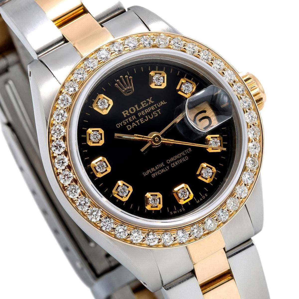 Pre-Owned Rolex Datejust 26MM 69173 Black Diamond Dial Diamond Bezel Two Tone Yellow Gold Oyster Bracelet 0.9ct