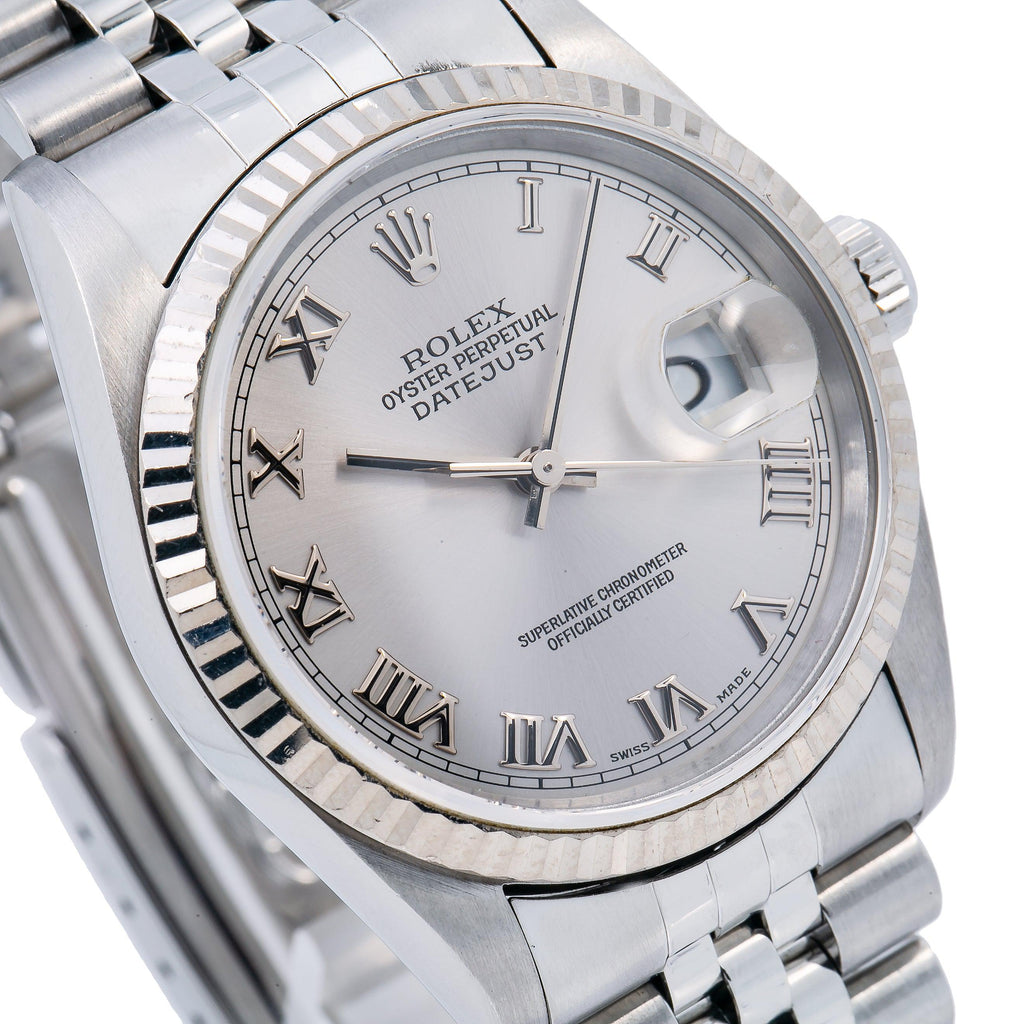 Pre-Owned Rolex Datejust 36MM 16234 Silver Roman Dial Fluted Bezel Stainless Steel Jubilee Bracelet