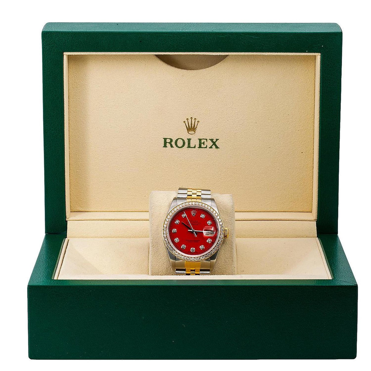 Pre-Owned Rolex Datejust 36MM 16013 Red Diamond Dial Diamond Bezel Two Tone Yellow Gold Jubilee Bracelet 1.2ct