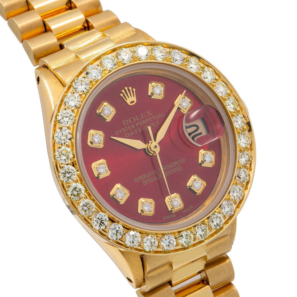 Pre-Owned Rolex Datejust 26MM 69178 Red Diamond Dial Diamond Bezel 18K Yellow Gold President Bracelet 0.95ct