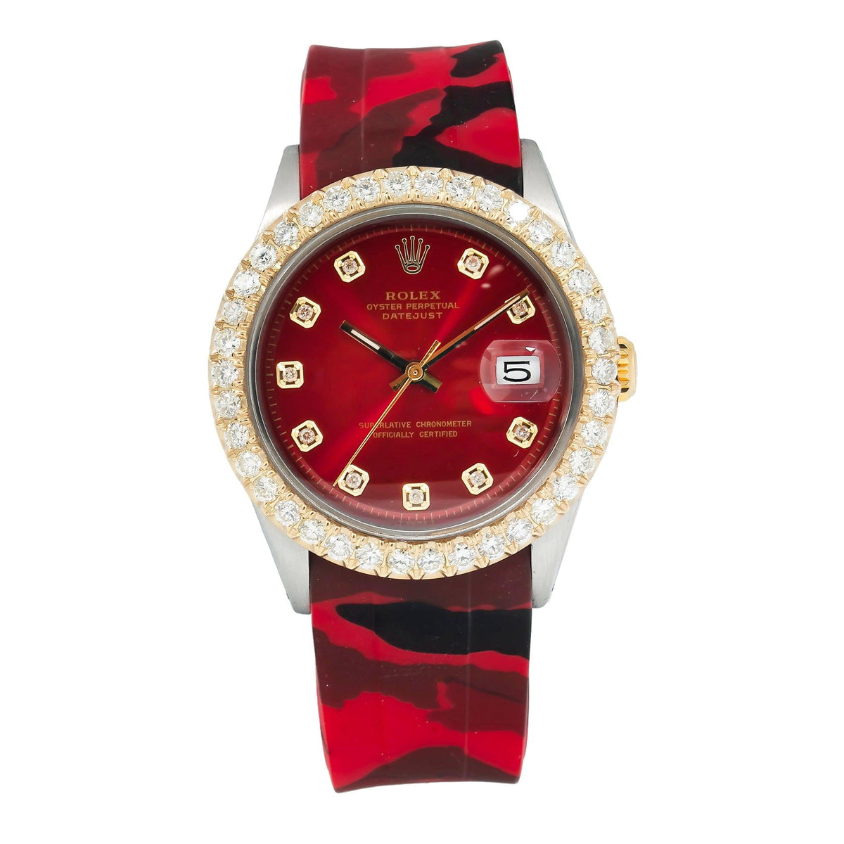 Pre-Owned Rolex Datejust 36MM 1601 Red Diamond Dial Diamond Bezel Red Camo Rubber Strap