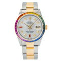Pre-Owned Rolex Datejust 36MM 16013 Mother of Pearl Diamond Dial Rainbow Gemstone Bezel Two Tone Yellow Gold Oyster Bracelet