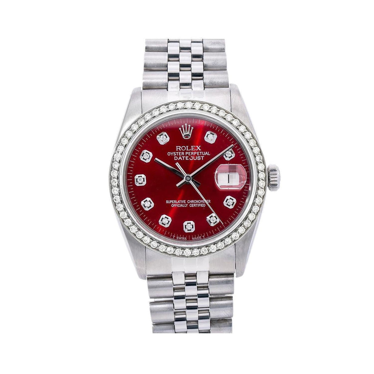 Pre-Owned Rolex Datejust 36MM 16014 Red Diamond Dial Diamond Bezel Stainless Steel Jubilee Bracelet 1.2ct