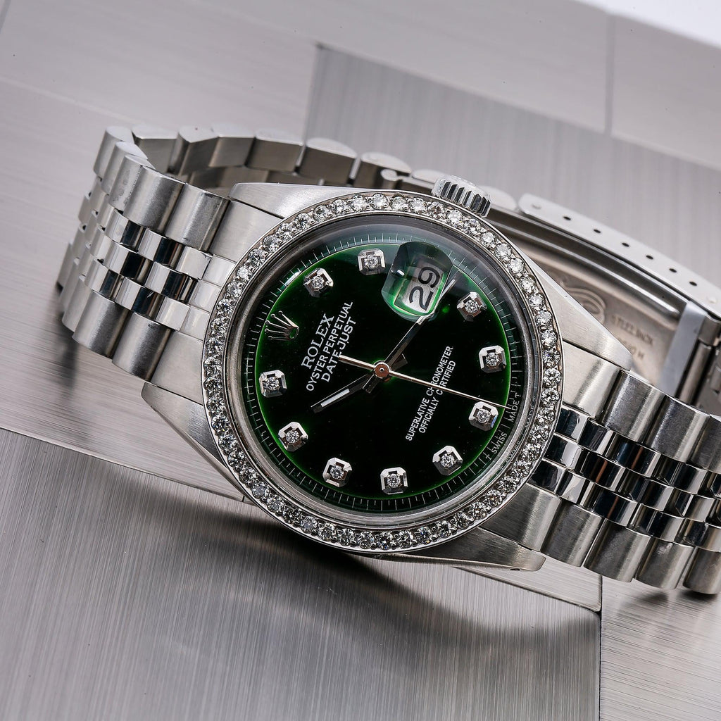 Pre-Owned Rolex Datejust 36MM 1601 Green Diamond Dial Diamond Bezel Stainless Steel Jubilee Bracelet 1.2ct