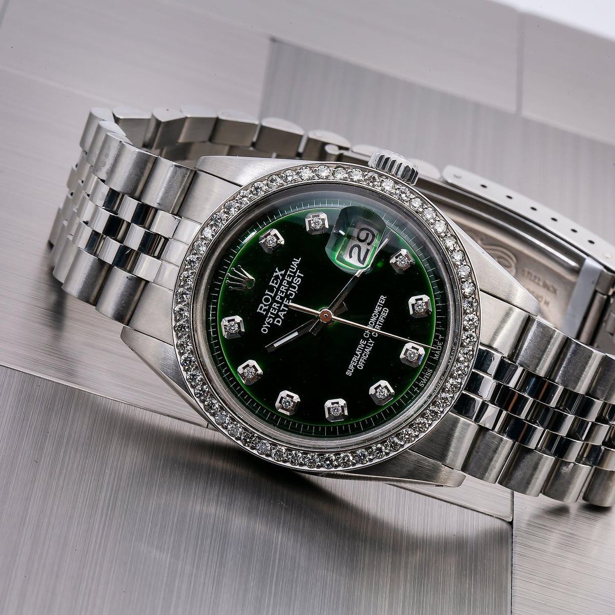 Pre-Owned Rolex Datejust 36MM 1601 Green Diamond Dial Diamond Bezel Stainless Steel Jubilee Bracelet 1.2ct