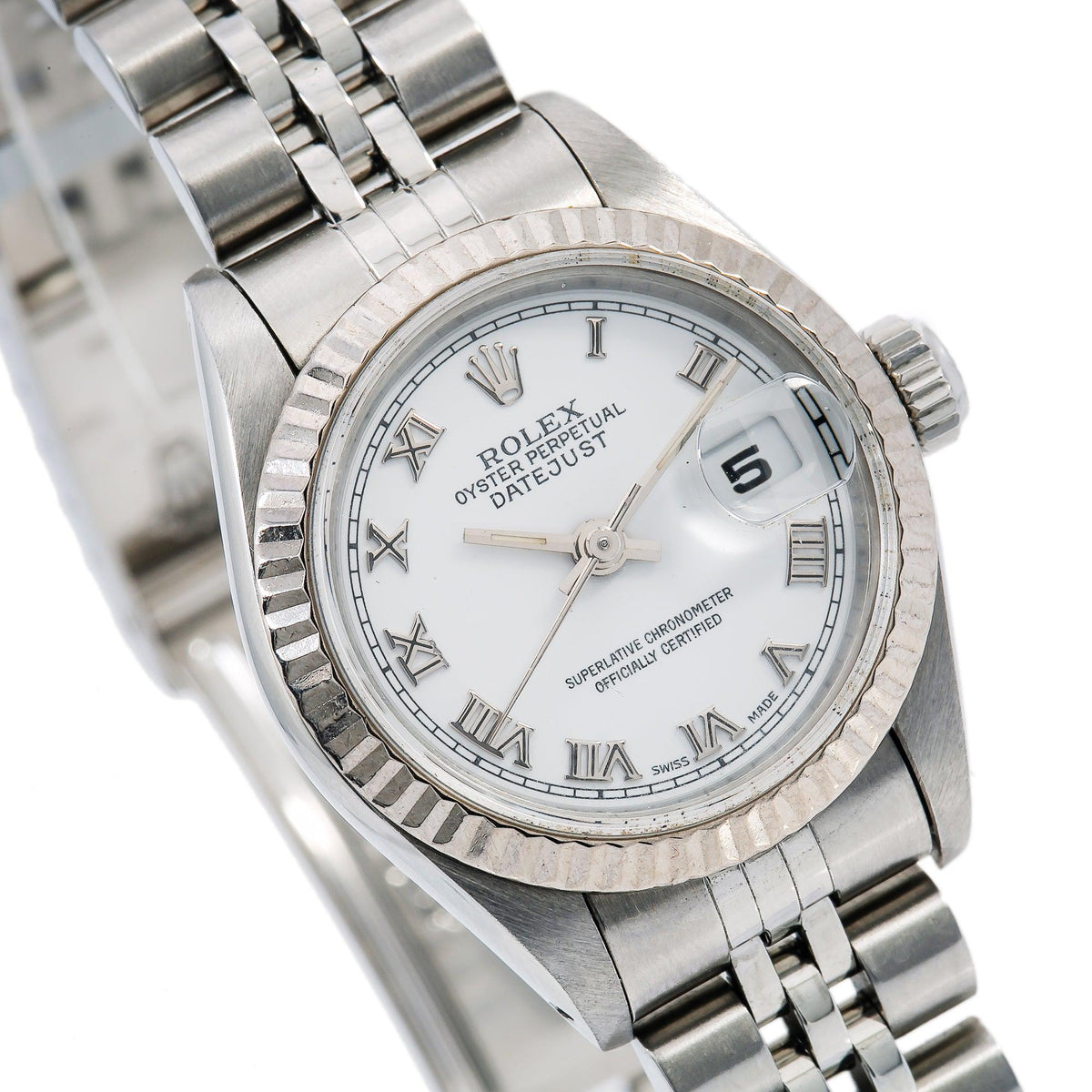 Pre-Owned Rolex Datejust 26MM 6917 White Roman Dial Fluted Bezel Stainless Steel Jubilee Bracelet