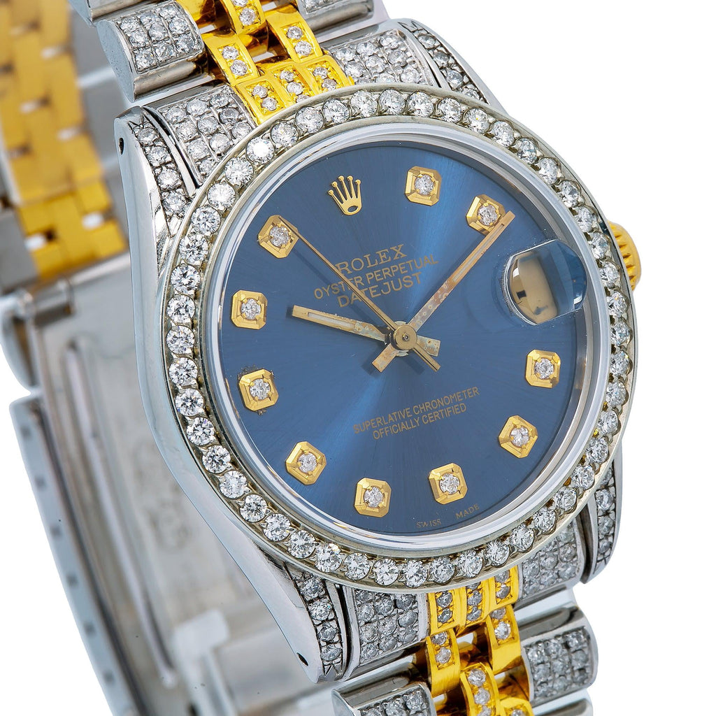 Pre-Owned Rolex Datejust 31MM 6824 Blue Diamond Dial Diamond Bezel Two Tone Yellow Gold Full Diamond Jubilee Bracelet