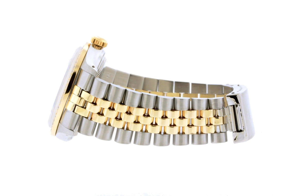 Pre-Owned Rolex Datejust 36MM 16233 Black Mother of Pearl Diamond Dial Diamond Bezel Two Tone Yellow Gold Jubilee Bracelet 1.2ct