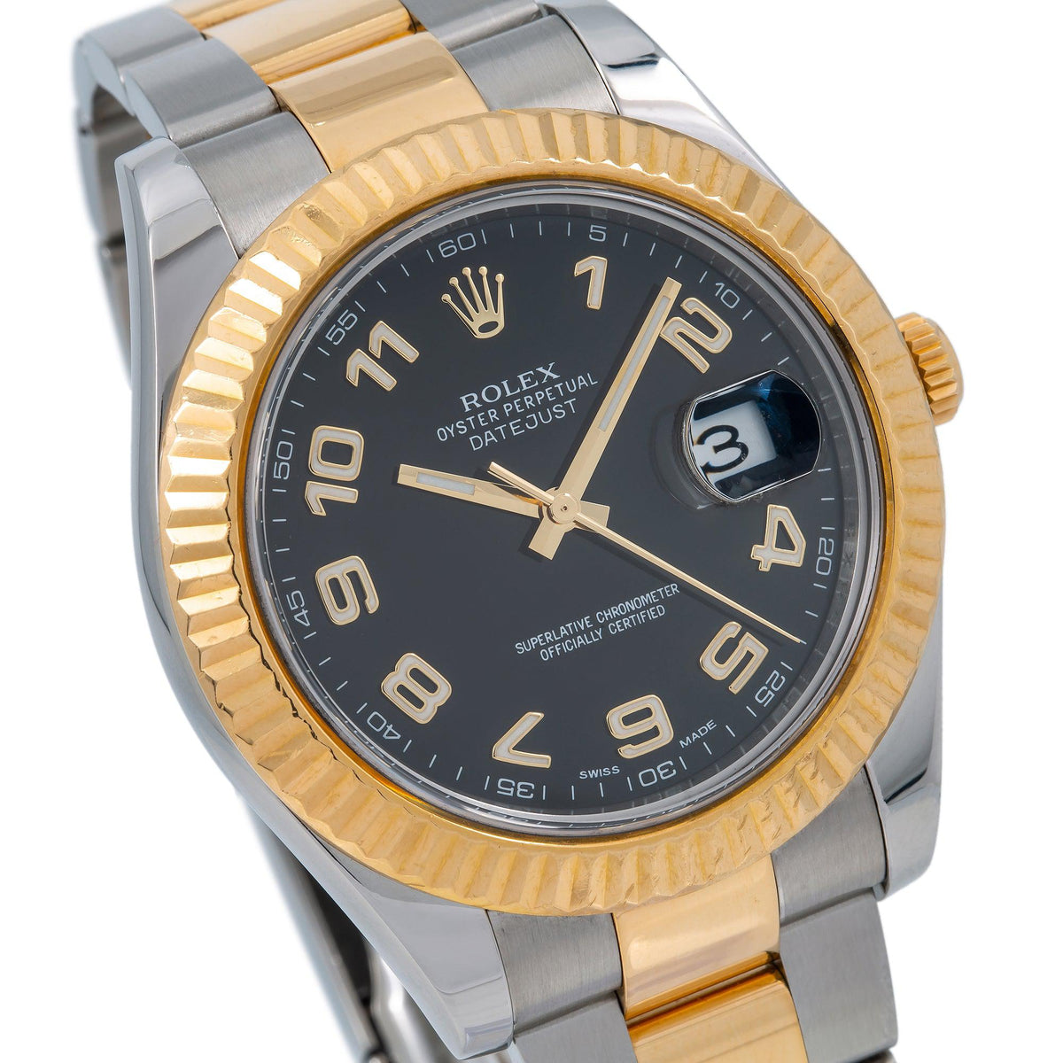 Pre-Owned Rolex Datejust 41MM 116333 Black Arabic Dial Fluted Bezel Two Tone Yellow Gold Oyster Bracelet