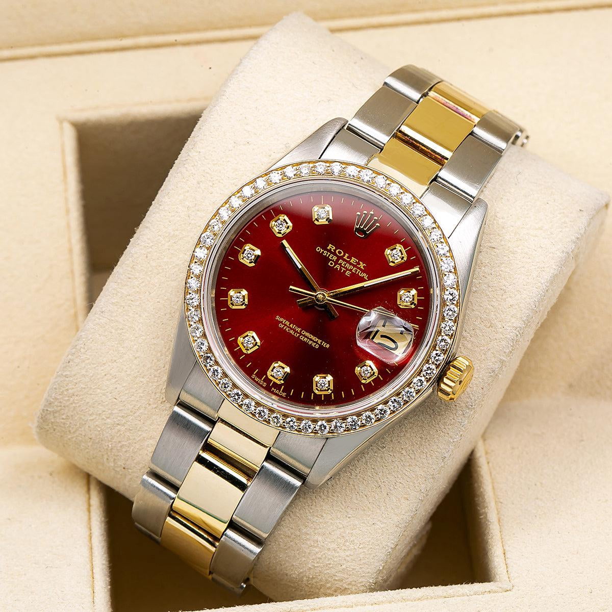 Pre-Owned Rolex Oyster Perpetual Diamond Watch, Date 1505 34mm, Red Diamond Dial With 1.20 CT Diamonds