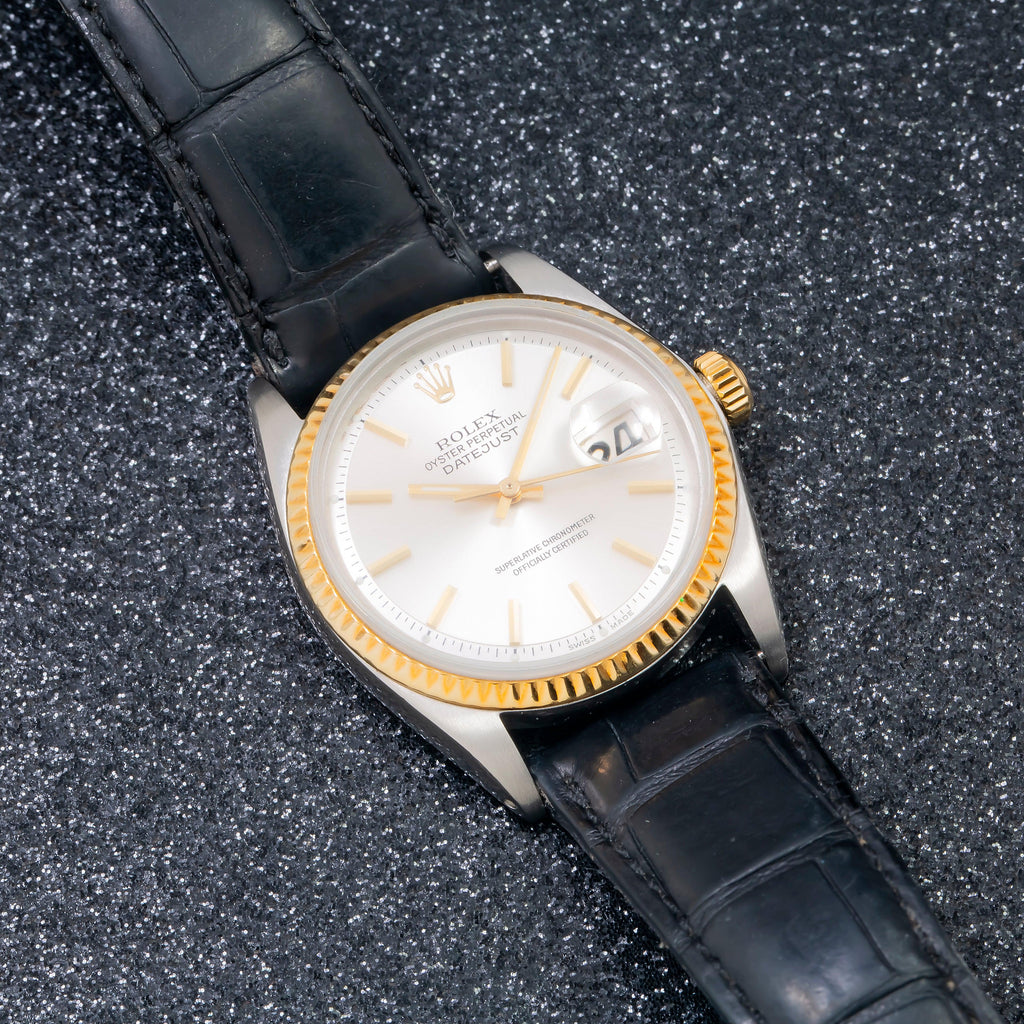 Pre-Owned Rolex Datejust 36MM 1601 Silver Dial Fluted Bezel Black Leather Strap