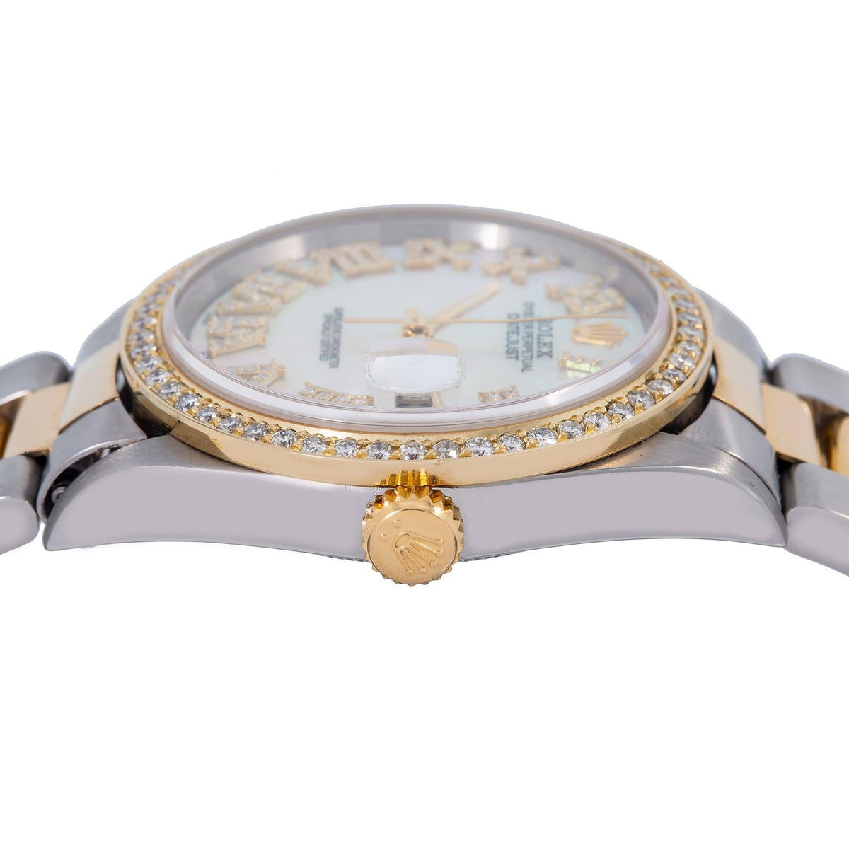 Pre-Owned Rolex Datejust 36MM 16203 Mother of Pearl Roman Diamond Dial Diamond Bezel Two Tone Yellow Gold Oyster Bracelet