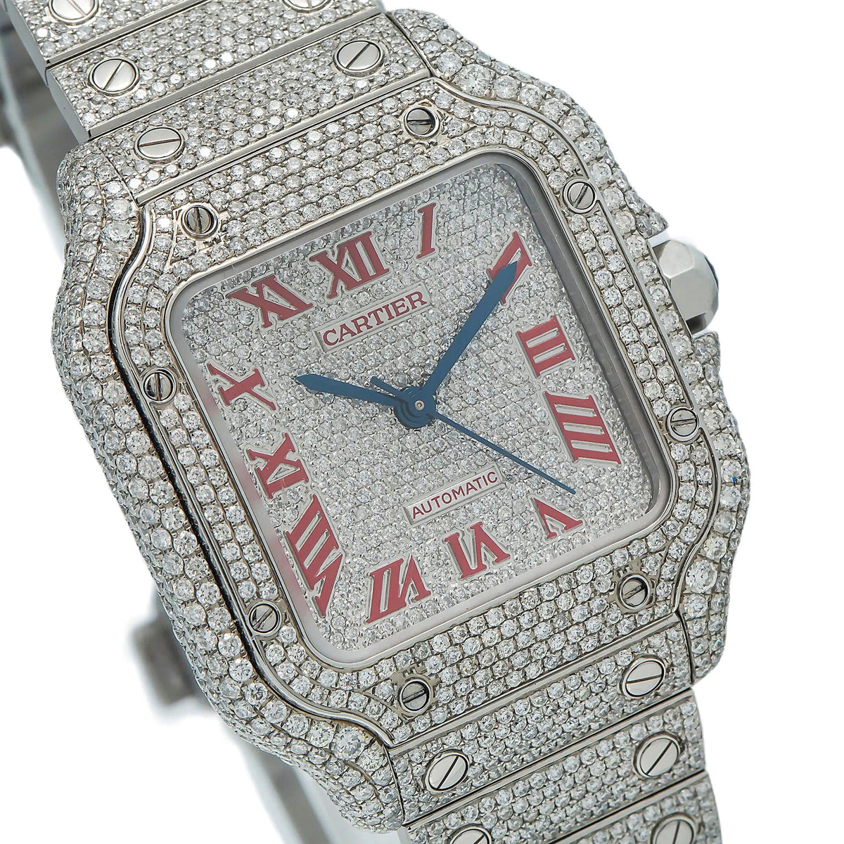 Pre-Owned Cartier Santos 35.1MM WSSA0029 Diamond Paved Roman Dial Diamond Paved Bezel Stainless Steel Full Diamond Bracelet 11.65ct