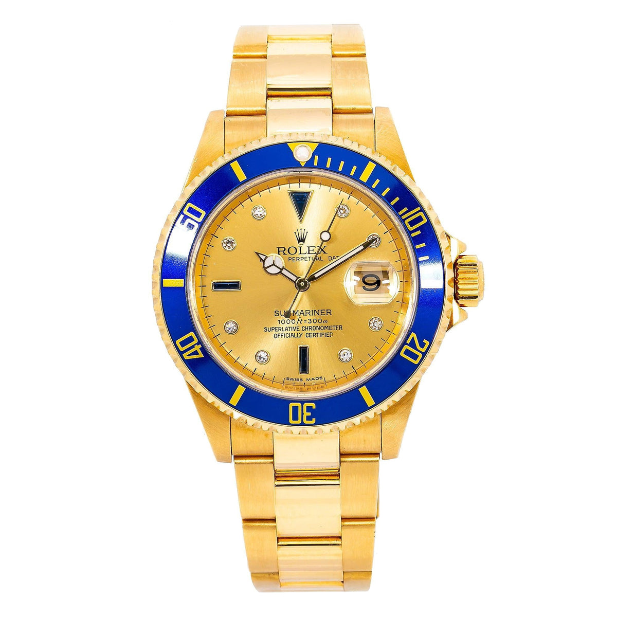 Pre-Owned Rolex Submariner Date 40MM 16618 Champagne Diamond Dial Blue Ceramic Bezel 18K Yellow Gold Oyster Bracelet