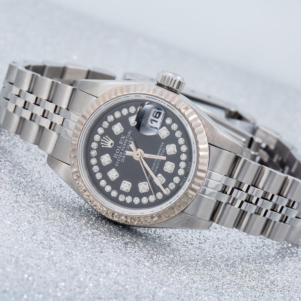 Pre-Owned Rolex Datejust 26MM 69174 Black Diamond Dial Fluted Bezel Stainless Steel Jubilee Bracelet