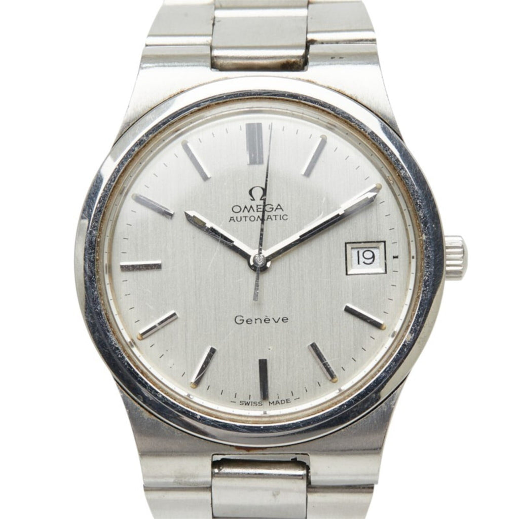 Pre-Owned Omega Geneve watch, Swiss-made quartz, silver dial, stainless steel, men's watch.