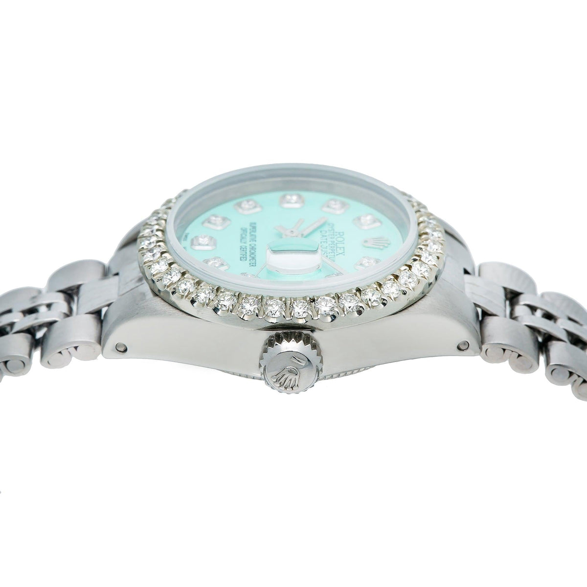 Pre-Owned Rolex Datejust 26MM 69174 Turquoise Diamond Dial Diamond Bezel Stainless Steel Jubilee Bracelet