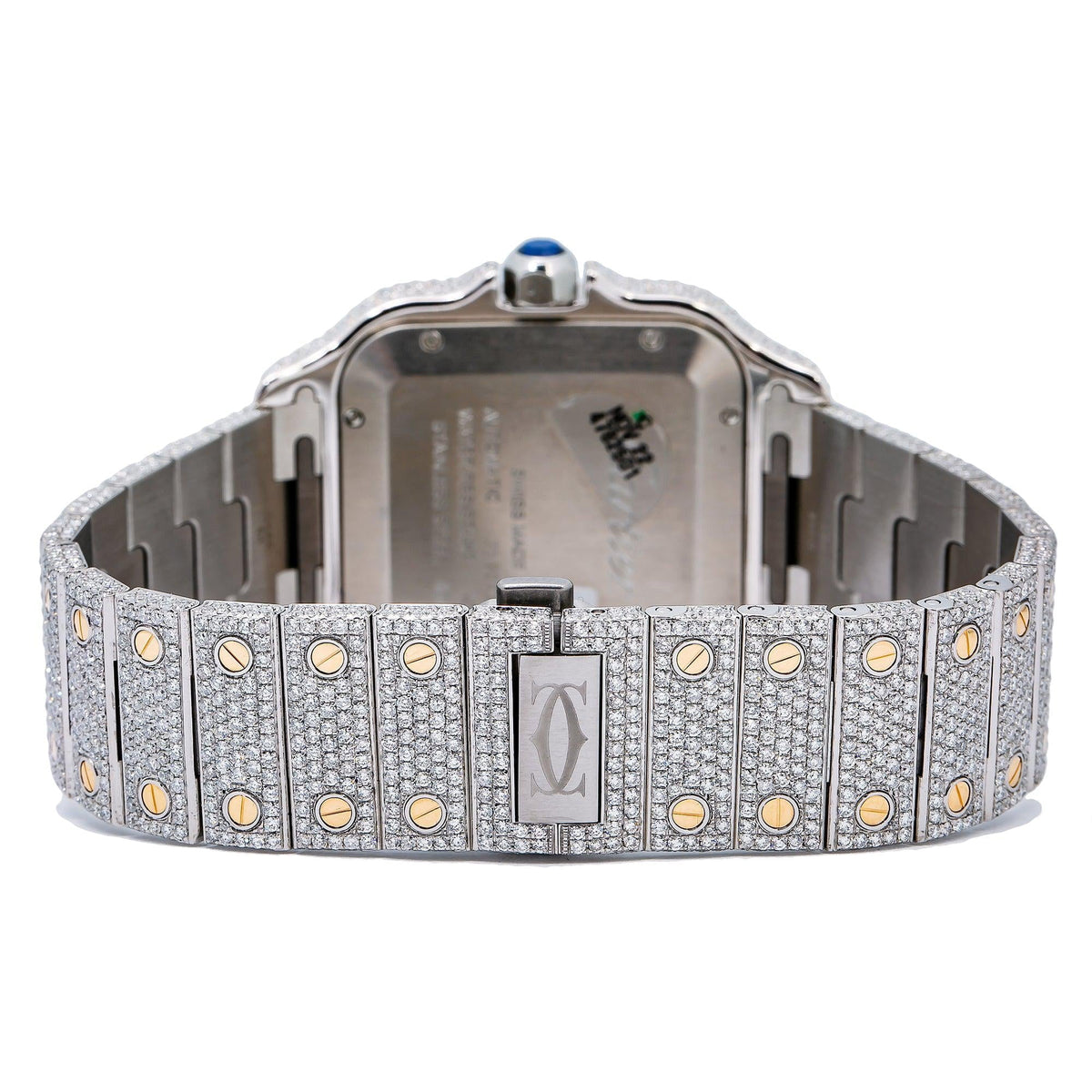 Pre-Owned Cartier Santos 39.8MM WSSA0030 Blue Roman Dial Yellow Gold Diamond Bezel Two Tone Yellow Gold Full Diamond Bracelet 17.95ct