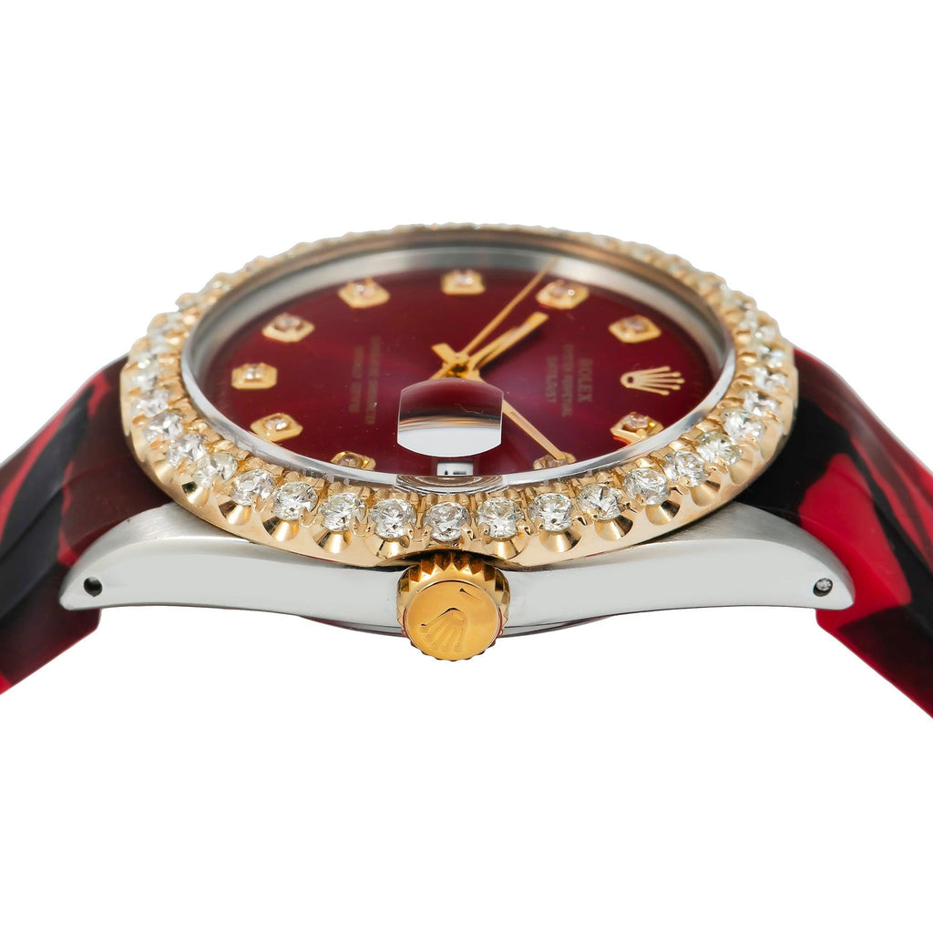 Pre-Owned Rolex Datejust 36MM 1601 Red Diamond Dial Diamond Bezel Red Camo Rubber Strap
