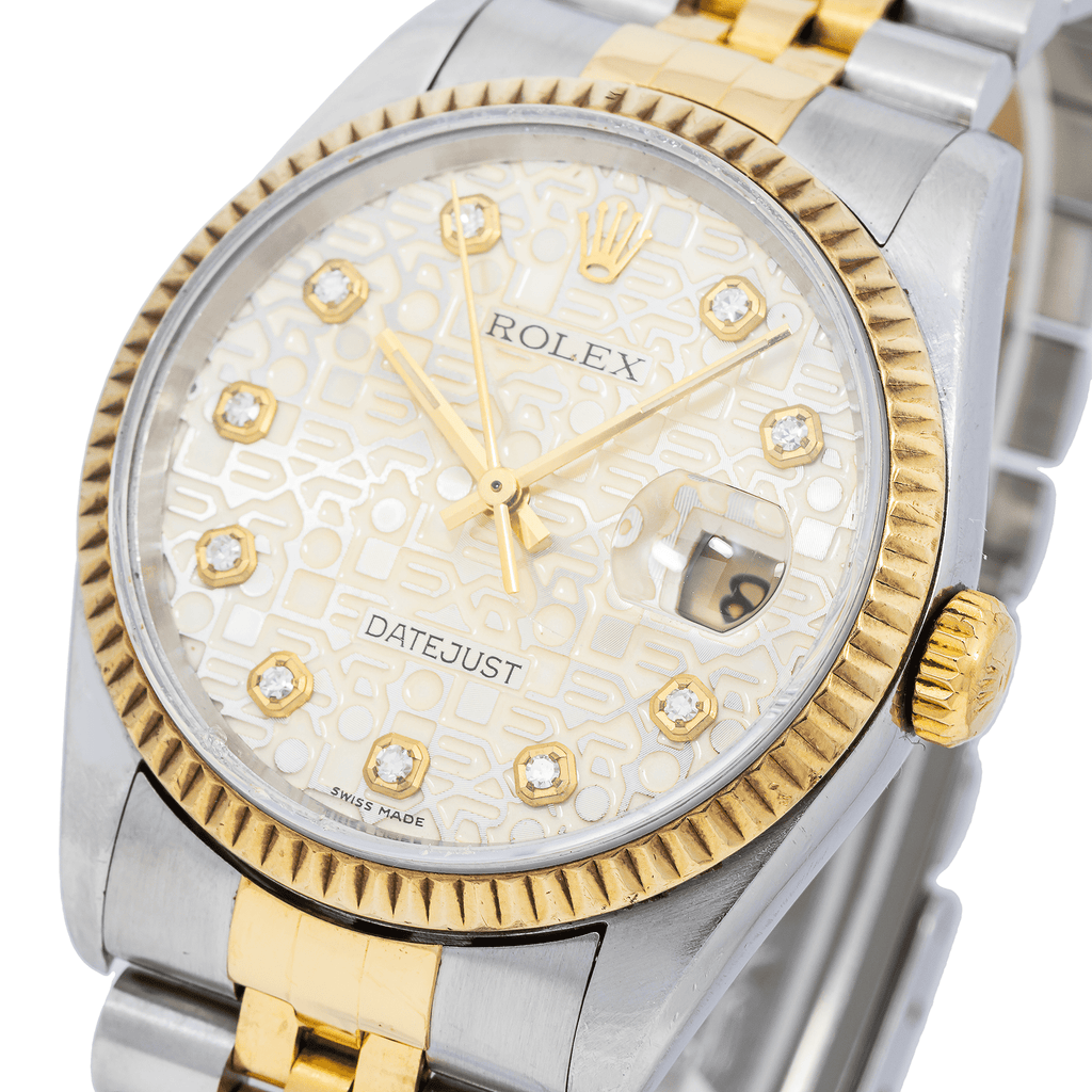 Pre-Owned Rolex Datejust 36MM 16013 Silver Pattern Diamond Dial Fluted Bezel Two Tone Yellow Gold Jubilee Bracelet