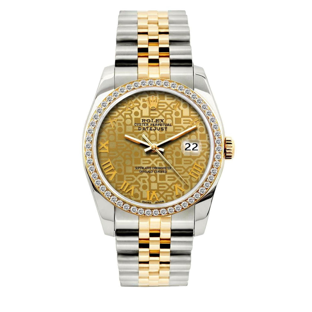 Pre-Owned Rolex Datejust 36MM 16233 Champagne Pattern Roman Dial Diamond Bezel Two Tone Yellow Gold Jubilee Bracelet 1.2ct