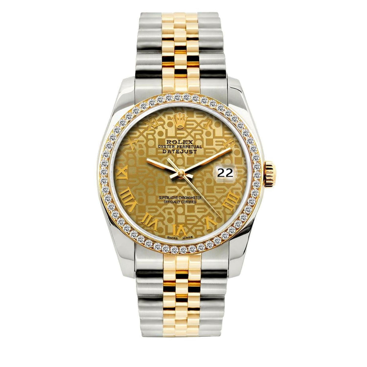 Pre-Owned Rolex Datejust 36MM 16233 Champagne Pattern Roman Dial Diamond Bezel Two Tone Yellow Gold Jubilee Bracelet 1.2ct