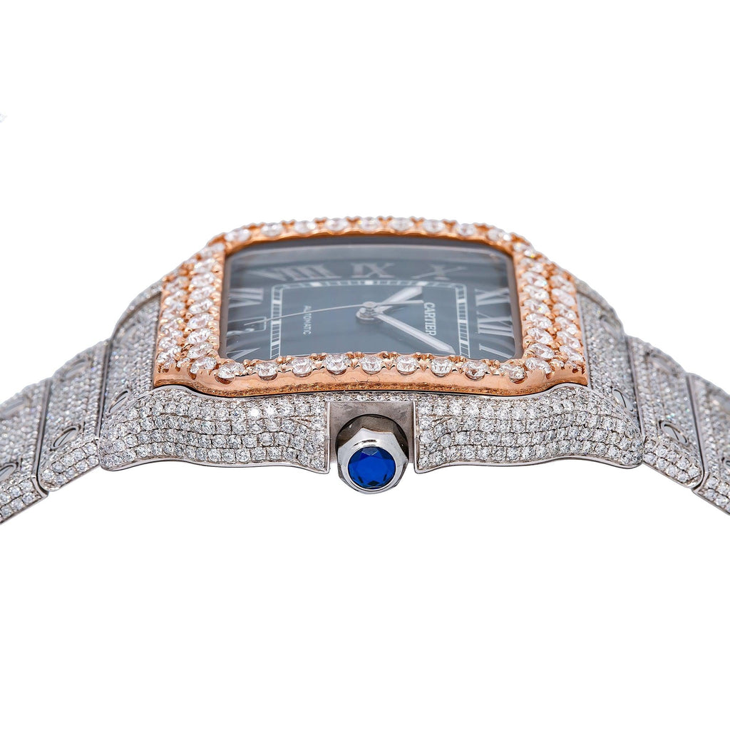 Pre-Owned Cartier Santos 39.8MM WSSA0030 Blue Roman Dial Rose Gold Diamond Bezel Stainless Steel Full Diamond Bracelet 17.95ct