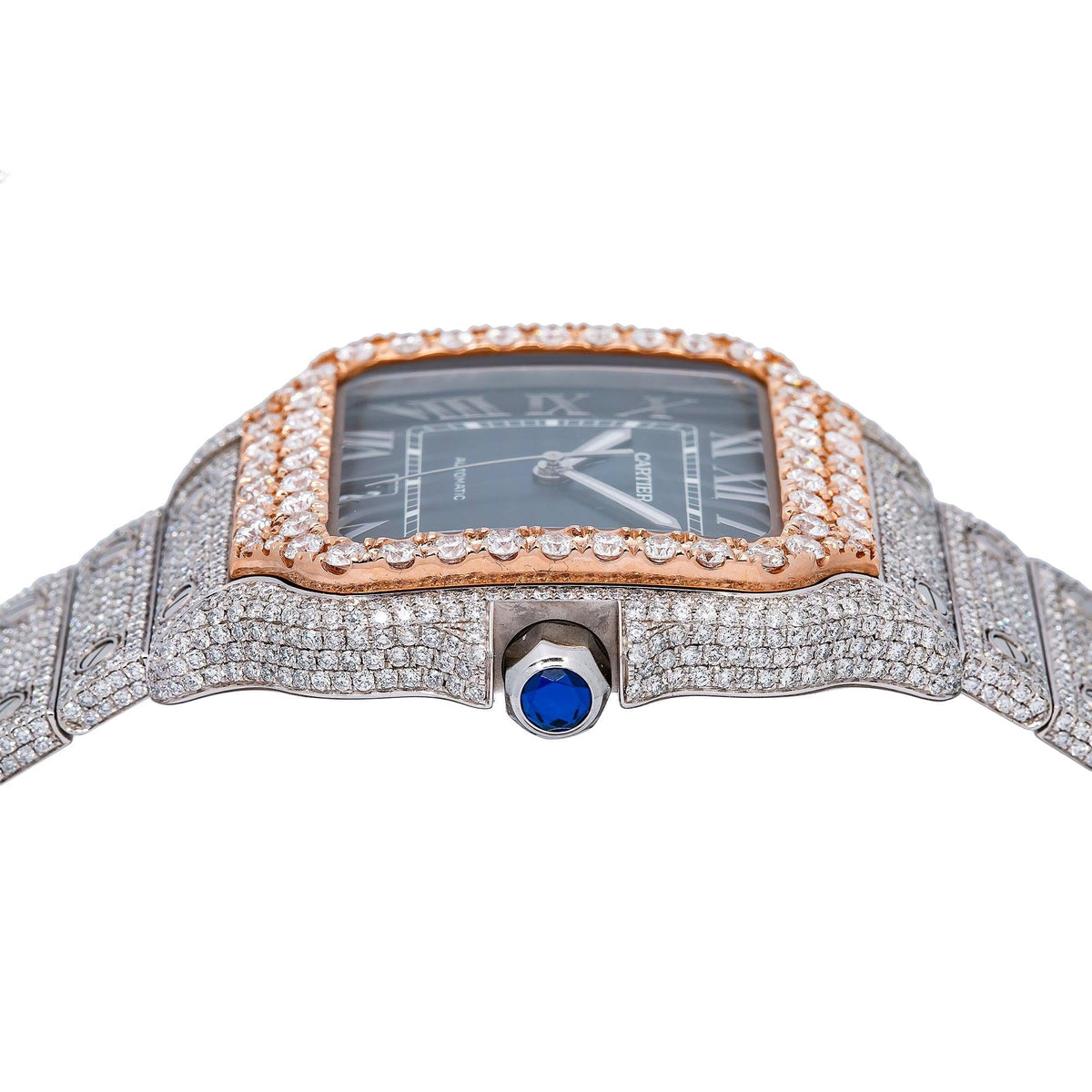Pre-Owned Cartier Santos 39.8MM WSSA0030 Blue Roman Dial Rose Gold Diamond Bezel Stainless Steel Full Diamond Bracelet 17.95ct