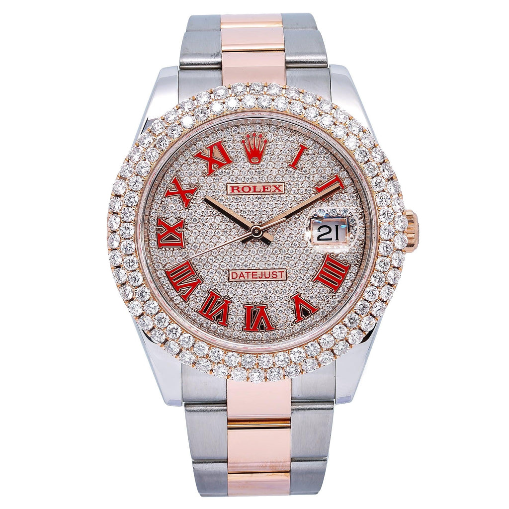 Pre-Owned Rolex Datejust 41MM 126331 Diamond Paved Red Roman Dial Diamond Bezel Two Tone Rose Gold Oyster Bracelet