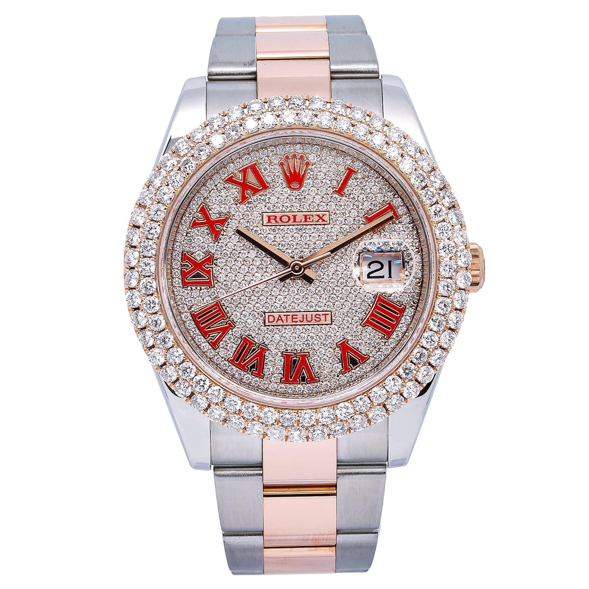Pre-Owned Rolex Datejust 41MM 126331 Diamond Paved Red Roman Dial Diamond Bezel Two Tone Rose Gold Oyster Bracelet