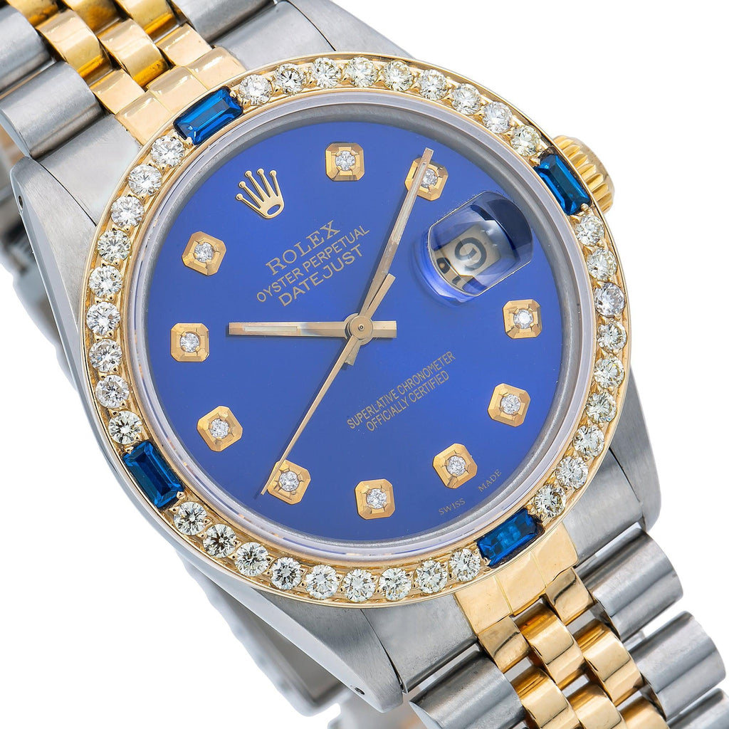 Pre-Owned Rolex Datejust 36MM 16013 Blue Diamond Dial Diamond Bezel Two Tone Yellow Gold Jubilee Bracelet 2ct