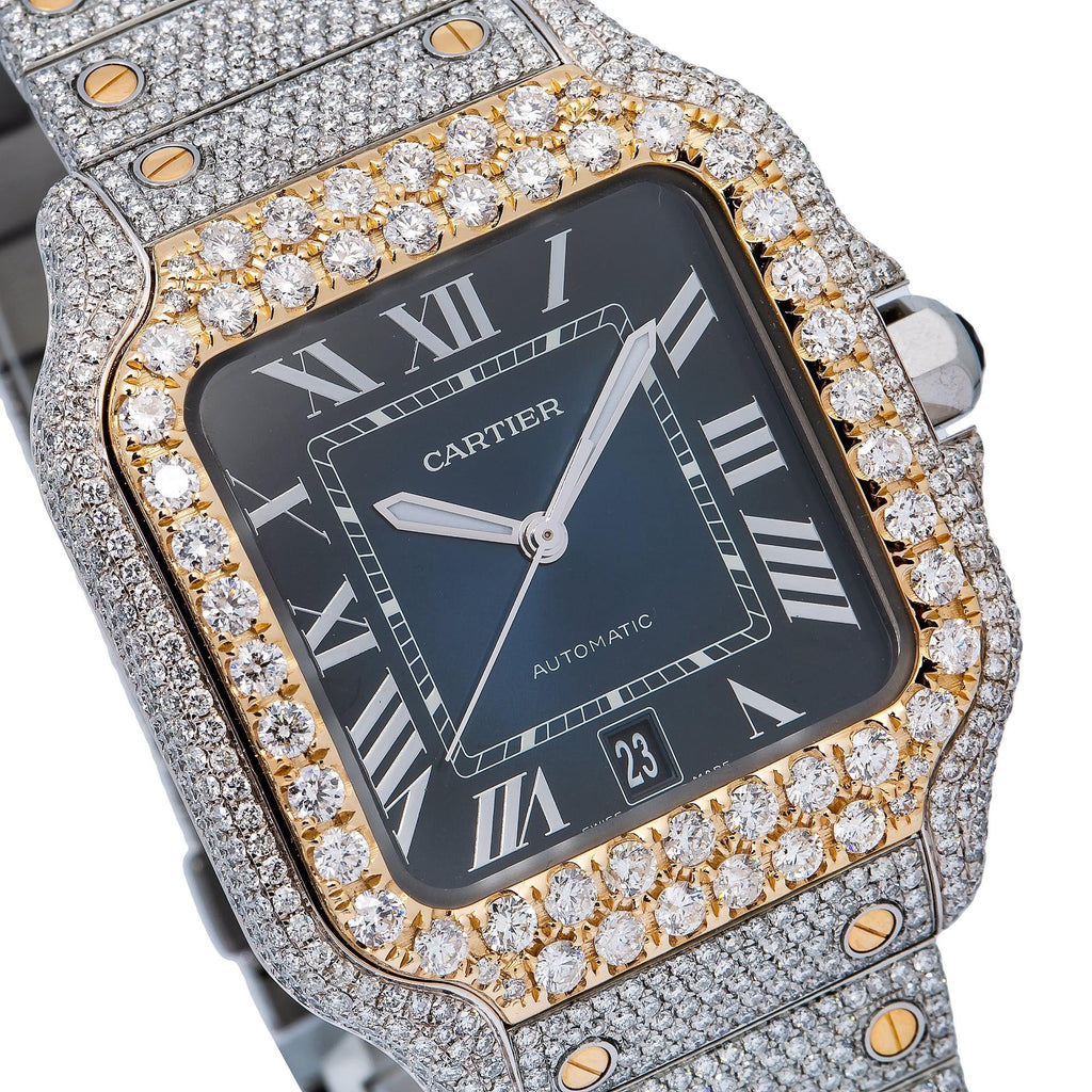 Pre-Owned Cartier Santos 39.8MM WSSA0030 Blue Roman Dial Yellow Gold Diamond Bezel Two Tone Yellow Gold Full Diamond Bracelet 17.95ct
