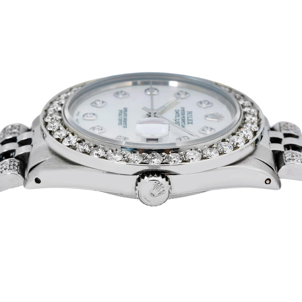 Pre-Owned Rolex Datejust 36MM 16234 White Mother of Pearl Diamond Dial Diamond Bezel Stainless Steel Semi Diamond Jubilee Bracelet