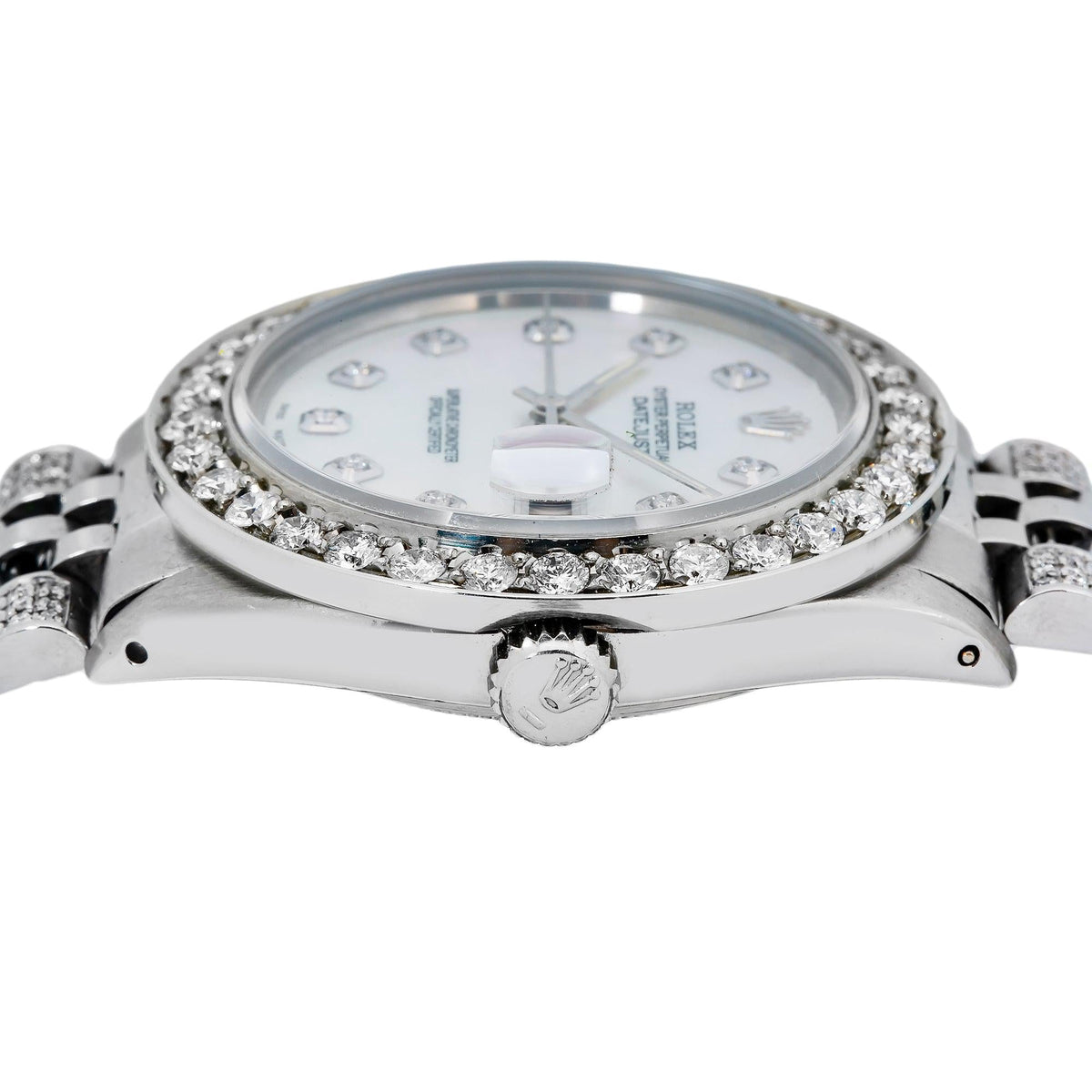 Pre-Owned Rolex Datejust 36MM 16234 White Mother of Pearl Diamond Dial Diamond Bezel Stainless Steel Semi Diamond Jubilee Bracelet