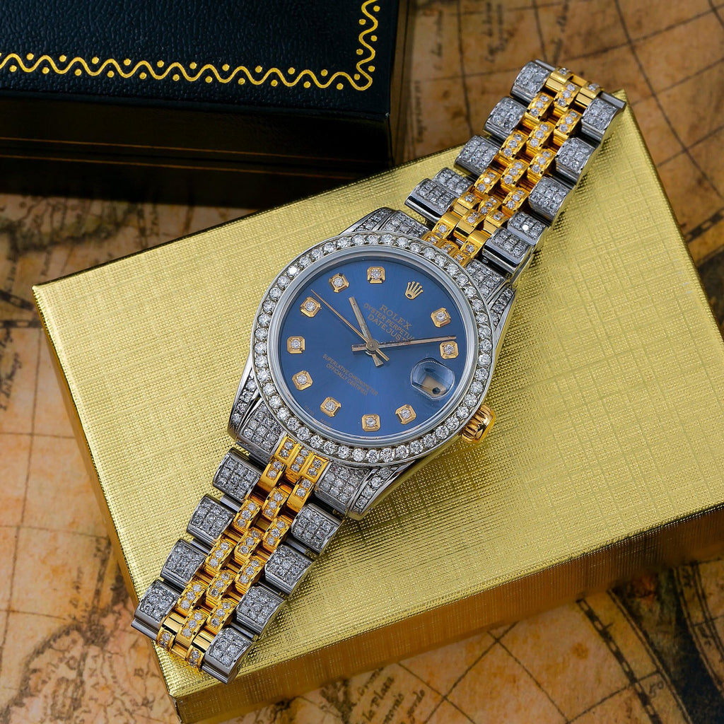 Pre-Owned Rolex Datejust 31MM 6824 Blue Diamond Dial Diamond Bezel Two Tone Yellow Gold Full Diamond Jubilee Bracelet