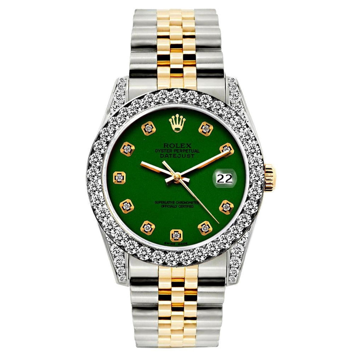 Pre-Owned Rolex Datejust 26MM 6917 Green Diamond Dial Diamond Bezel Two Tone Yellow Gold Jubilee Bracelet 1.2ct