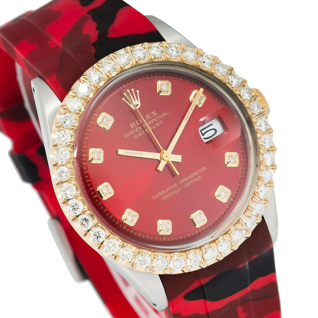Pre-Owned Rolex Datejust 36MM 1601 Red Diamond Dial Diamond Bezel Red Camo Rubber Strap