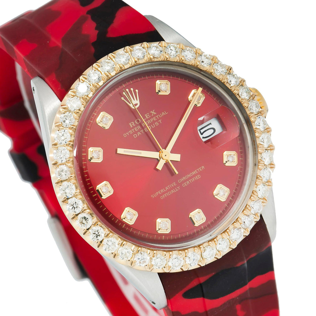 Pre-Owned Rolex Datejust 36MM 1601 Red Diamond Dial Diamond Bezel Red Camo Rubber Strap