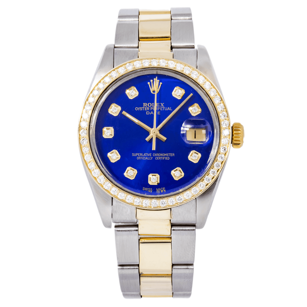 Pre-Owned Rolex Date 34MM 1505 Blue Diamond Dial Diamond Bezel Two Tone Yellow Gold Oyster Bracelet 1ct