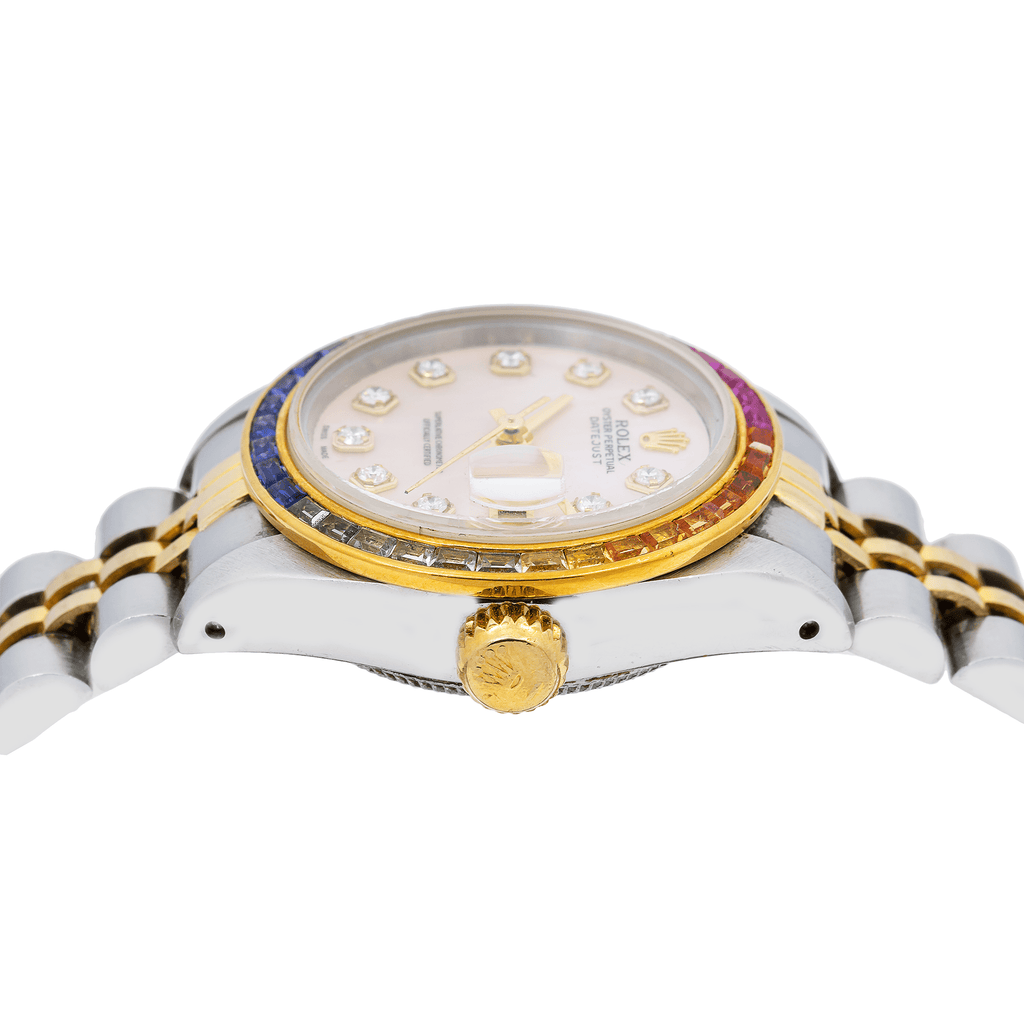 Pre-Owned Rolex Datejust 26MM 69173 Pink Mother of Pearl Diamond Dial Rainbow Gemstone Bezel Two Tone Yellow Gold Jubilee Bracelet 0.2ct