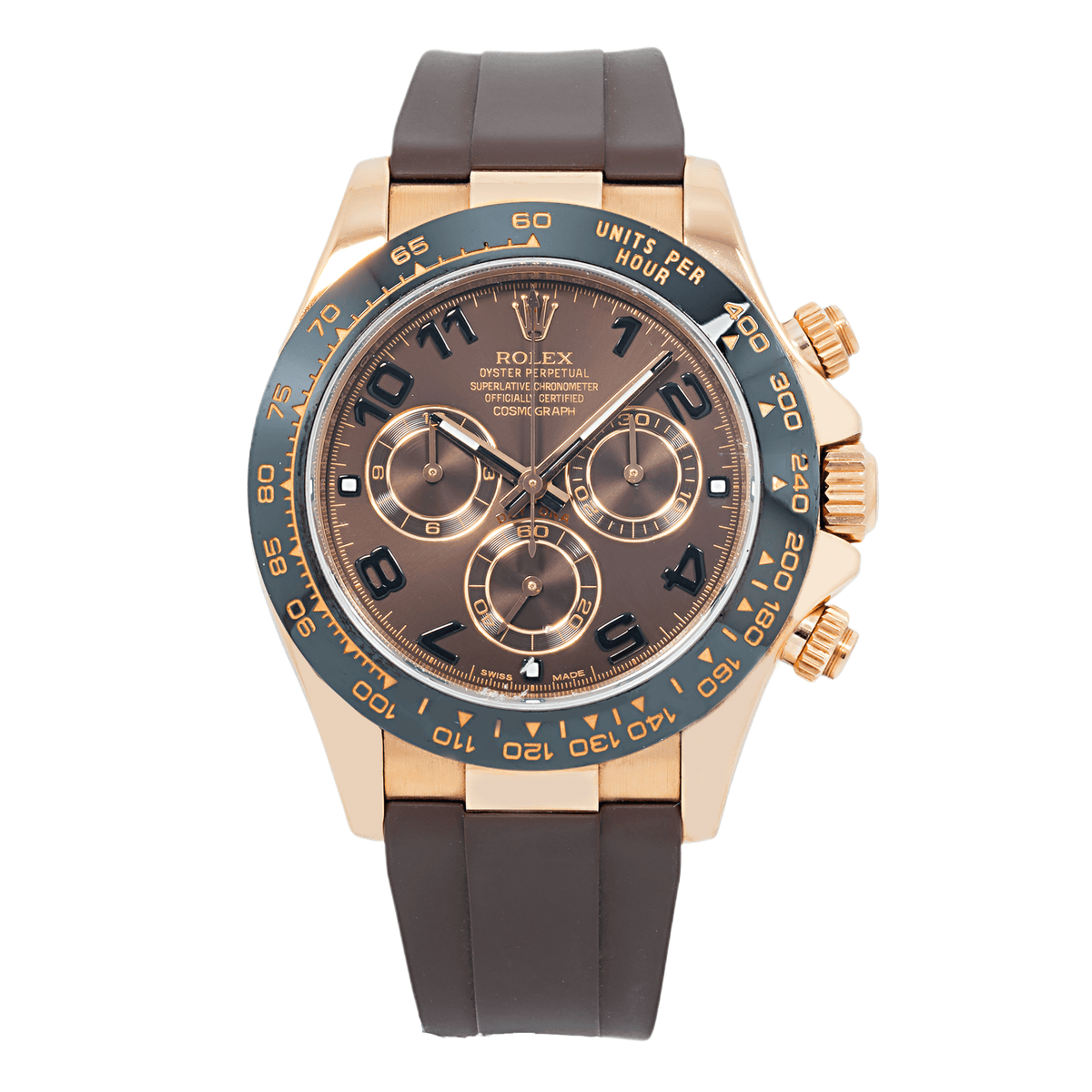 Pre-Owned Rolex Cosmograph Daytona 40MM 116515LN Chocolate Arabic Dial Black Ceramic Tachymeter Bezel Brown Rubber Strap