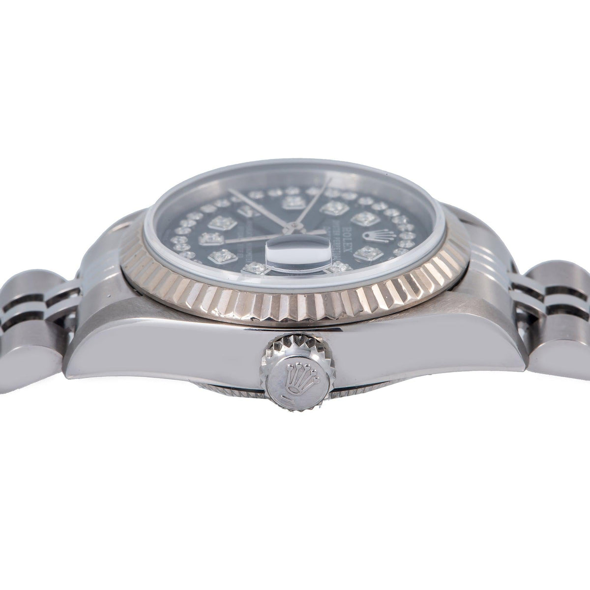 Pre-Owned Rolex Datejust 26MM 69174 Black Diamond Dial Fluted Bezel Stainless Steel Jubilee Bracelet