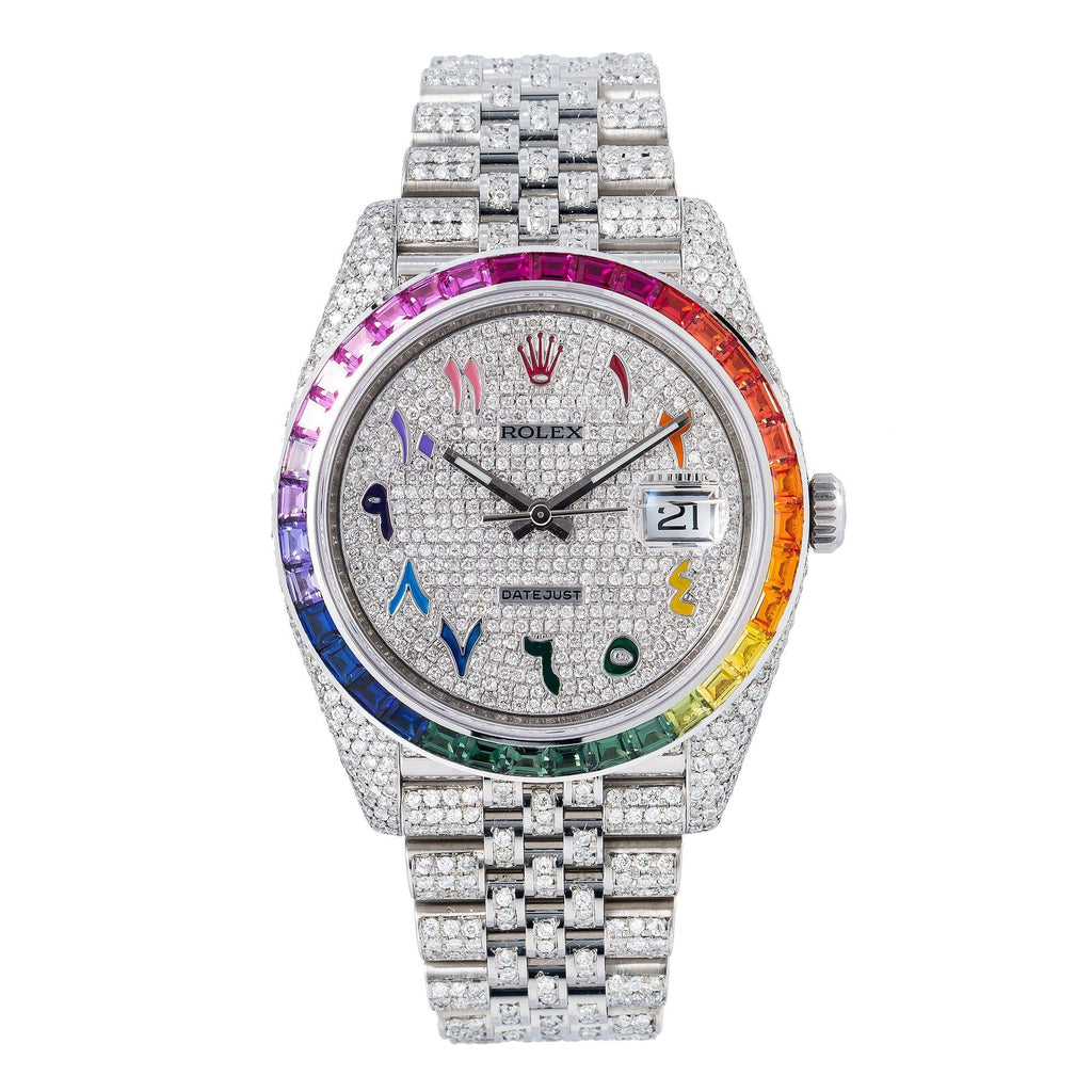 Pre-Owned Rolex Datejust 41MM 126300 Diamond Paved Rainbow Eastern Arabic Dial Rainbow Gemstone Bezel Stainless Steel Full Diamond Jubilee Bracelet 14.75ct