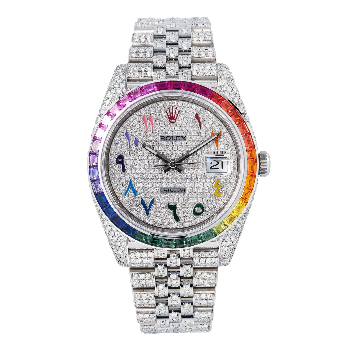 Pre-Owned Rolex Datejust 41MM 126300 Diamond Paved Rainbow Eastern Arabic Dial Rainbow Gemstone Bezel Stainless Steel Full Diamond Jubilee Bracelet 14.75ct