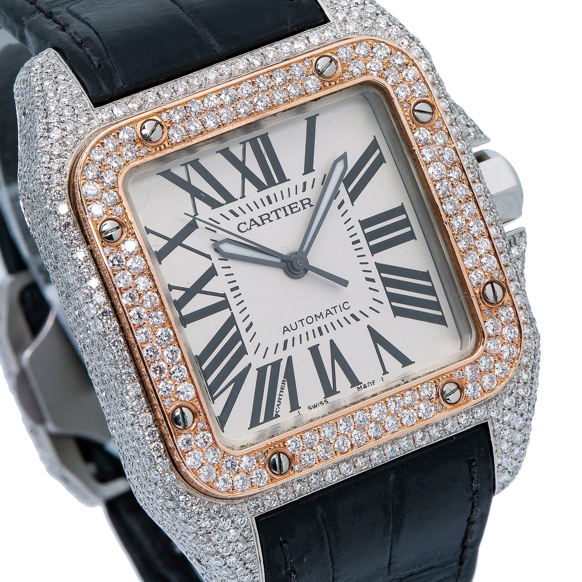 Pre-Owned Cartier Santos 100 38MM W20073X8 Silver Roman Dial Rose Gold Diamond Paved Bezel Black Leather Strap 9.25ct