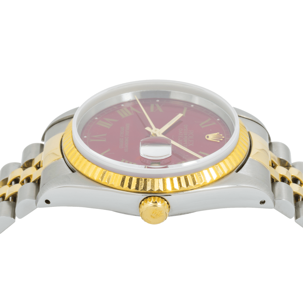 Pre-Owned Rolex Datejust 36MM 16233 Red Roman Dial Fluted Bezel Two Tone Yellow Gold Jubilee Bracelet